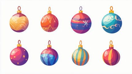 Various Christmas ornament decorations, shiny baubles for the winter holiday. White background. Flat vector icon.