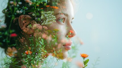 Floral Portrait of a Young Woman in Spring Natural Life