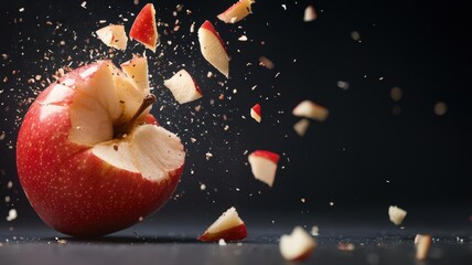 Exploding apple with fragments radiating outwards, representing the breakthrough impact of innovation and creativity