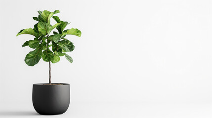 Fiddle Fig tree in a minimalist black pot, placed on a pure white background