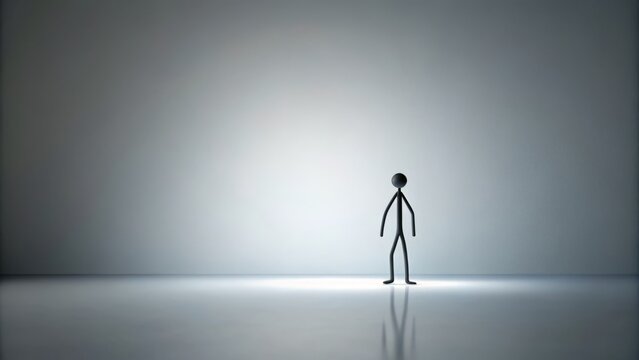 A tiny, isolated figure clings to the edge of a featureless backdrop, a small and insignificant speck of