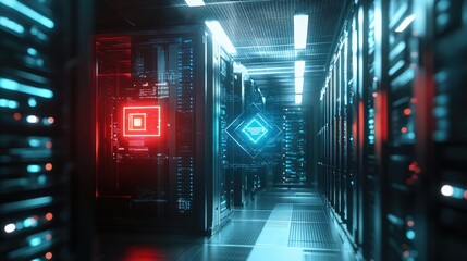 Fototapeta premium A long corridor of server racks in a data center, lit with red and blue neon lights.