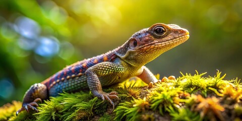Obraz premium A tiny reptile with shining eyes and delicate fins lounges on a moss-covered rock, its new scales glinting