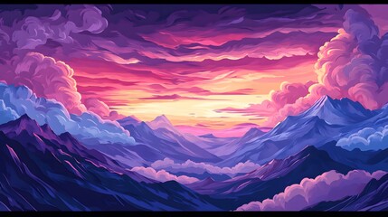 A beautiful illustration of mountains with a purple sky and pink clouds, in the style of vector art with a flat design, featuring colorful gradients