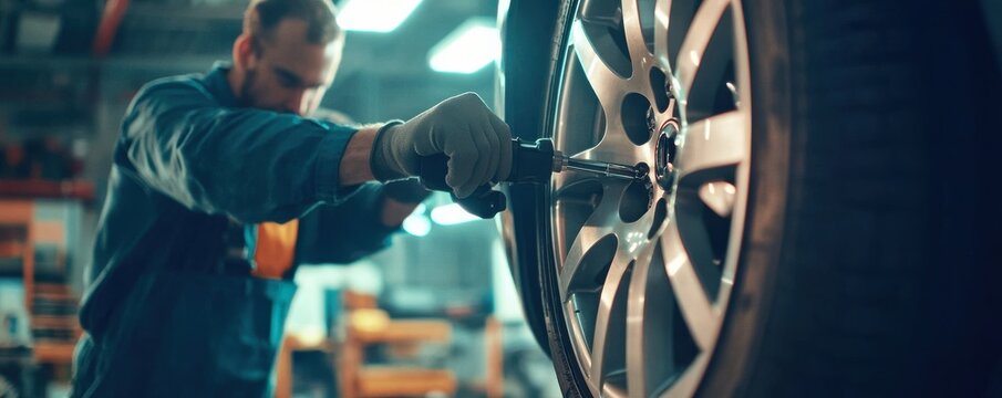 Close-up of a mechanic tightening lug nuts on a car wheel in an auto repair shop, showcasing precision and expertise in vehicle maintenance and tire installation.