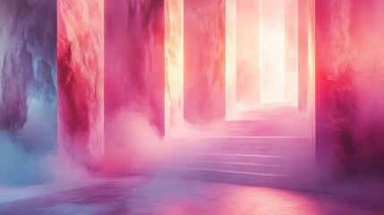 Naklejka premium a vibrant, fantasy scene featuring tall columns or arches and stairways, rendered in soft pastels.
