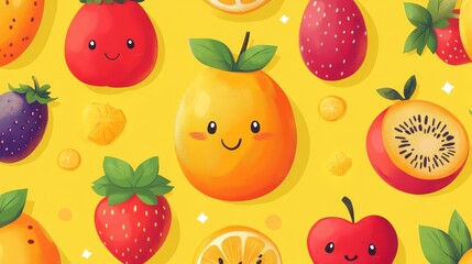 Cute Cartoon Fruit Pattern Yellow Background Healthy Food Design