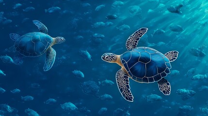 Fototapeta premium Two Sea Turtles Swimming in Blue Ocean Water with Fish