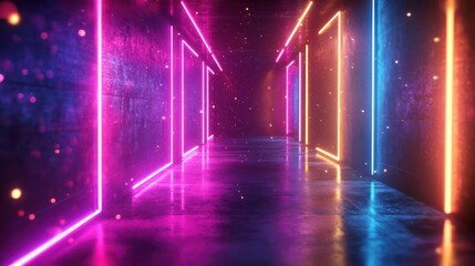 A vibrant, rainbow corridor leads to a neon-lit room.