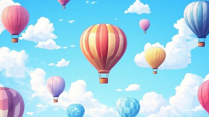 Fototapeta premium Colorful Hot Air Balloons Flying in Blue Sky with White Clouds