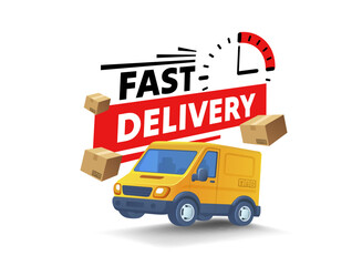 fast delivery of goods, parcel transportation, express service, label emblem. Vector illustration