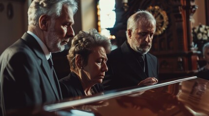 Obraz premium Three men and a woman are sitting in a church