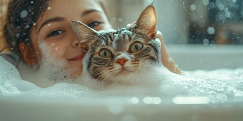 Girl and her cat having fun in a bubble bath outdoors on a sunny day, radiating joy and togetherness