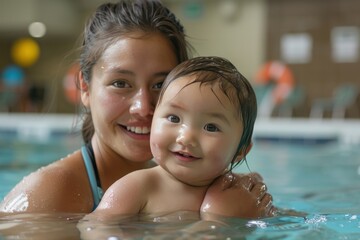 A baby in a pool learns to swim with an instructor. Infant swimming, early development.