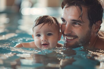 Baby in the pool learning to swim with parents. Infant swimming, early development.
