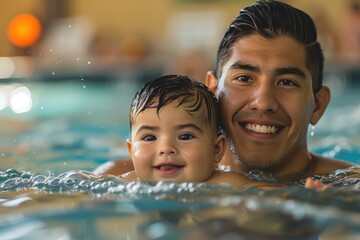 A baby in a pool learns to swim with an instructor. Infant swimming, early development.