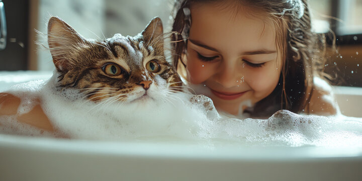 Girl and her cat having fun in a bubble bath outdoors on a sunny day, radiating joy and togetherness