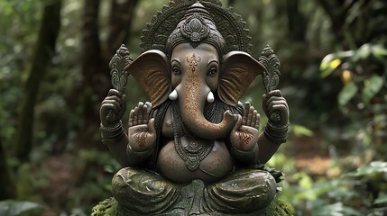 Fototapeta premium Ganesha Statue in a Lush Jungle Setting