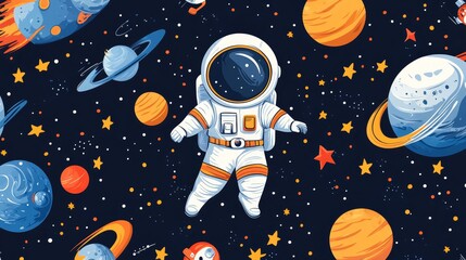 Fototapeta premium Astronaut in Space Seamless Pattern