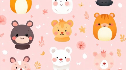 Cute Animal Seamless Pattern with Pink Background