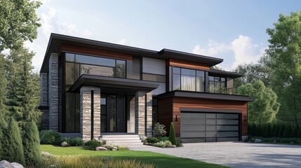 Modern House with Stone Facade and Large Windows