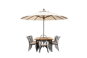 A round table with chairs and an umbrella for outdoor dining, isolated on a white background.