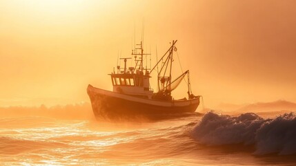Fototapeta premium Fishing Boat in Golden Light at Sunset