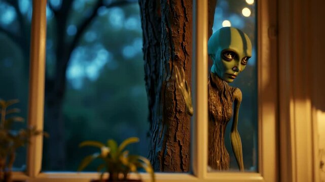An Alien Life Form Standing in the Garden and Looking Through a Window into a Room