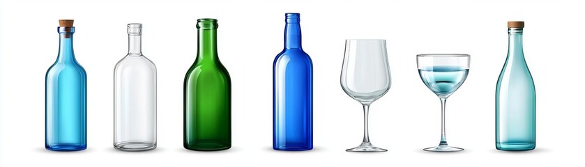 Collection of various bottles and glassware in different colors and shapes, perfect for beverage and container concepts.
