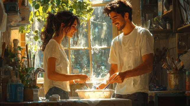 A couple cleaning their brushes together at a sink, chatting and sharing tips about their painting techniques