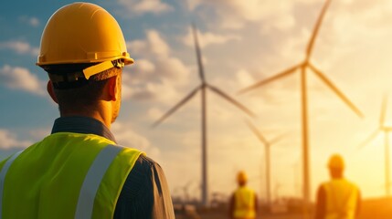Wind turbine construction site, engineers working on green energy project