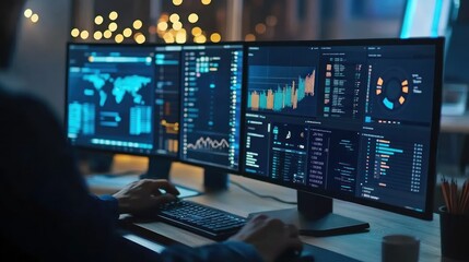 Naklejka premium Data Analysis: A Close-up of a Hacker Working on Multiple Screens