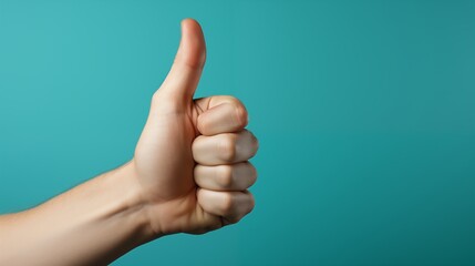 Hand makes thumbs up gesture on blue background.