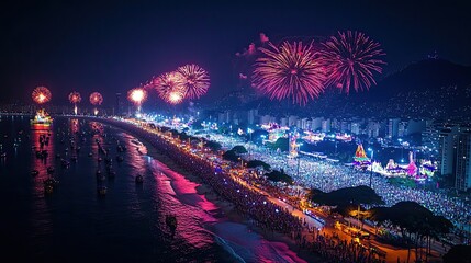Naklejka premium 17. A nighttime aerial view of the illuminated Carnival floats moving down the parade route, with vibrant fireworks lighting up the sky above Rio