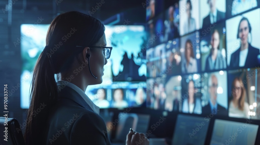 Poster a woman in a suit is looking at a computer screen with multiple people on it