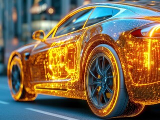 Cutting-Edge Efficiency: Close-up of Electric Motor Powering Sports Car with Zero Energy Waste Visualization