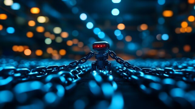 A robot in a vast, dark room, with chains representing legal consequences stretching into the unknown
