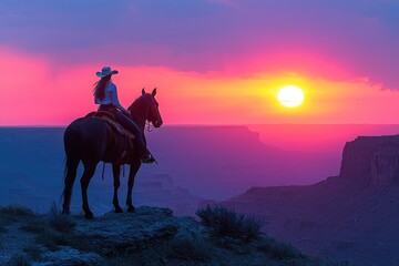 Cowgirl on horseback watching a vivid sunset over the canyon