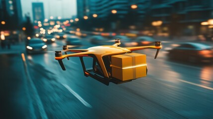 Obraz premium Futuristic Scene of Autonomous Drones Delivering Packages to Electric Cars in Traffic - Efficient Logistics Concept