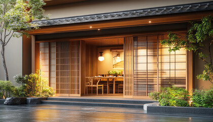 Fototapeta premium Modern empty japanese restaurant with open walls showing interior at dusk