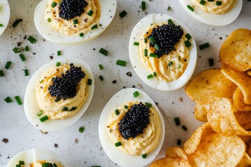 Gourmet deviled eggs with caviar and crispy chips on a serving tray