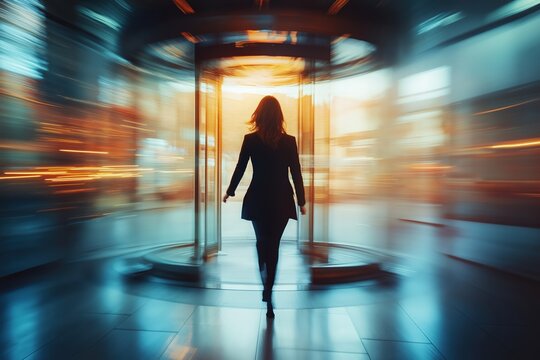 Businesswoman walking through revolving door in modern office building