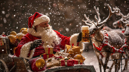 Artificial Intelligence. Portrait of Santa Claus with a glass of beer sitting in a sleigh outdoors. 