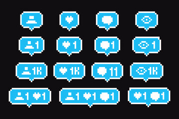 8-bit social networking notification buttons shape. Pixel social media interface like, comment, follower.