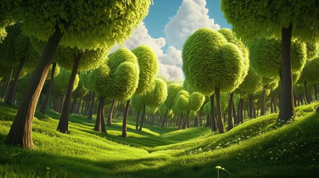 A whimsical forest with round, fluffy trees and a bright, sunny sky.
