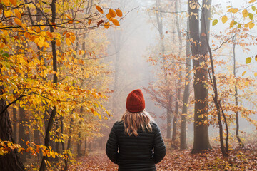 Woman with jacket and knitted hat enjoying walk in autumn forest in fog. Digital detox and harmony...