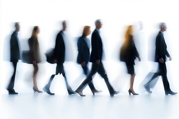 Business people walking in motion blur on white background