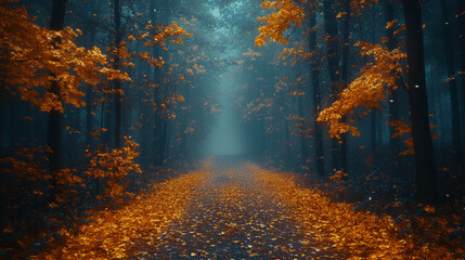 Fototapeta premium A foggy forest with vibrant orange and blue leaves creates serene atmosphere. path is lined with fallen leaves, inviting exploration and reflection