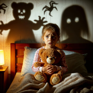 A scared little girl alone in her bed, clutching her teddy bear tightly, terrified by shadows of monsters projected on the wall behind her, illustrating childhood fear, nightmares, and emotional prote