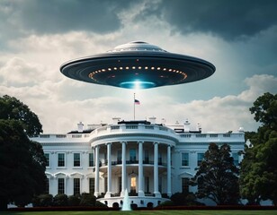 An unidentified flying object hovers above the White House, illuminating the grounds with a focused beam of light. Dramatic clouds frame the scene. Generative AI